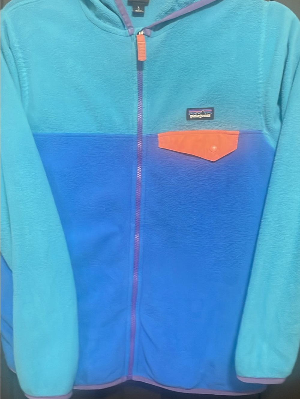 Patagonia Kids Blue Fleece Jacket with Orange Pocket and purple piping